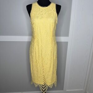 Cato Lace Sheath Dress Women Size 10 Yellow Sleeveless Floral Eyelash Hem